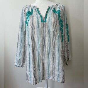 J. Jill Linen Top Coastal Stripe Beachy Embroidered Size XL White Teal
